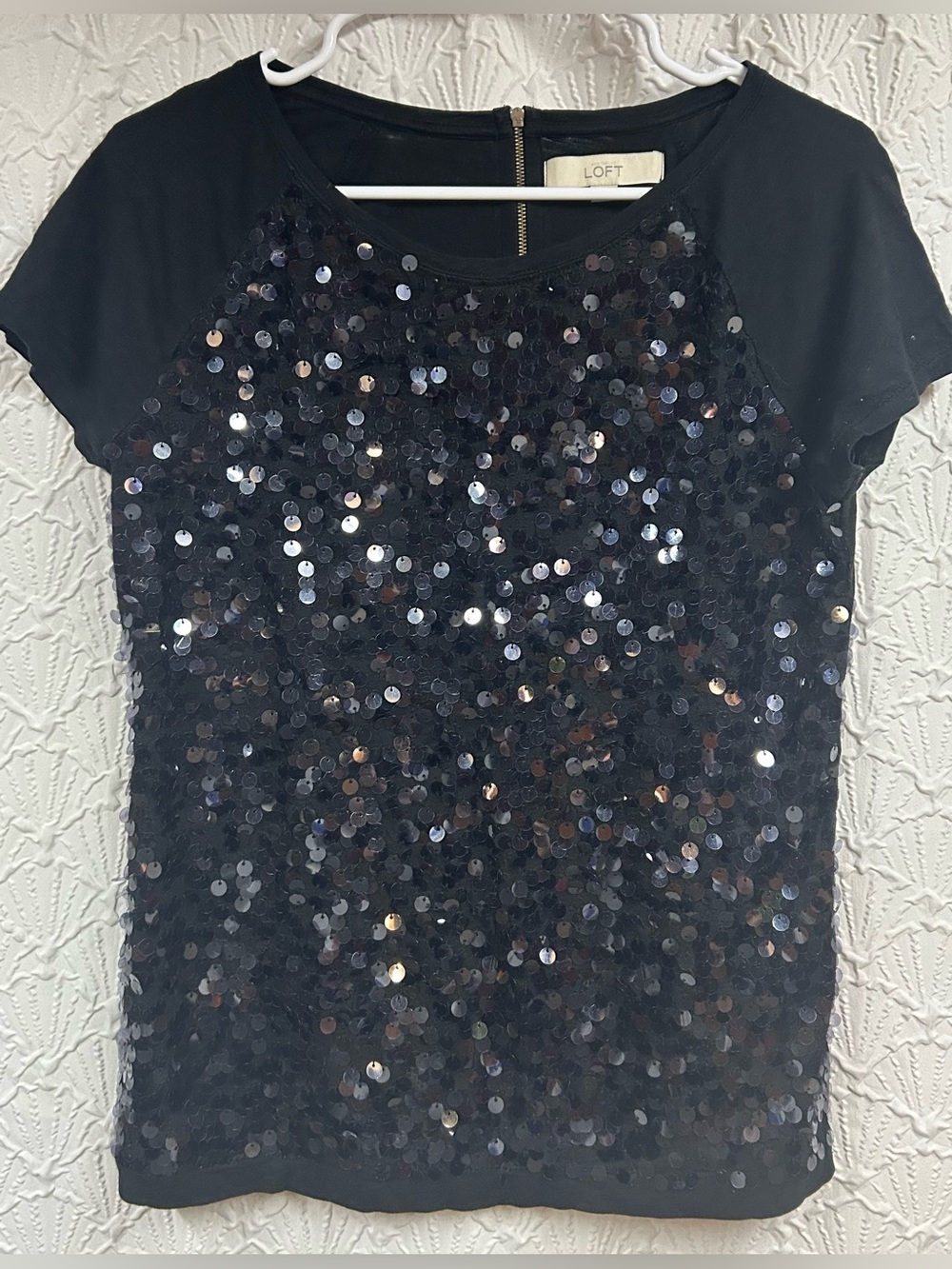 LOFT Black Sequin Short Sleeve Top